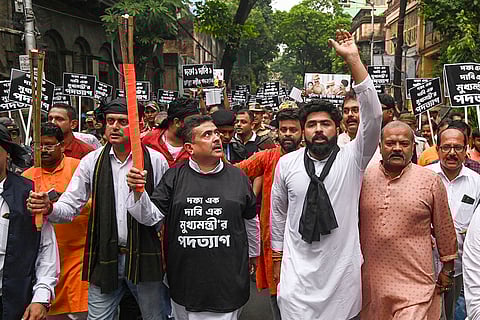 Kolkata rape-murder case: Suvendu Adhikari and others during a protest rally in Kolkata